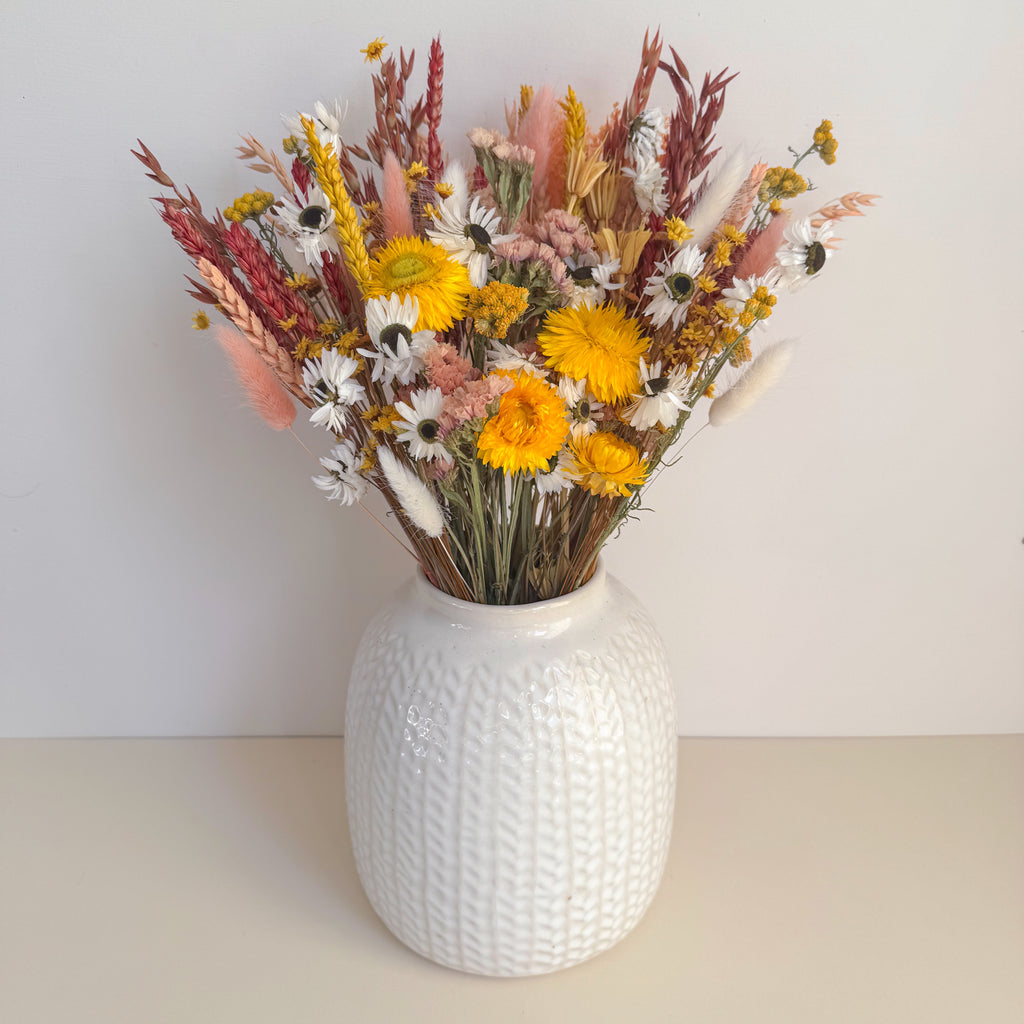 burnt orange and yellow spring dried flower bouquet