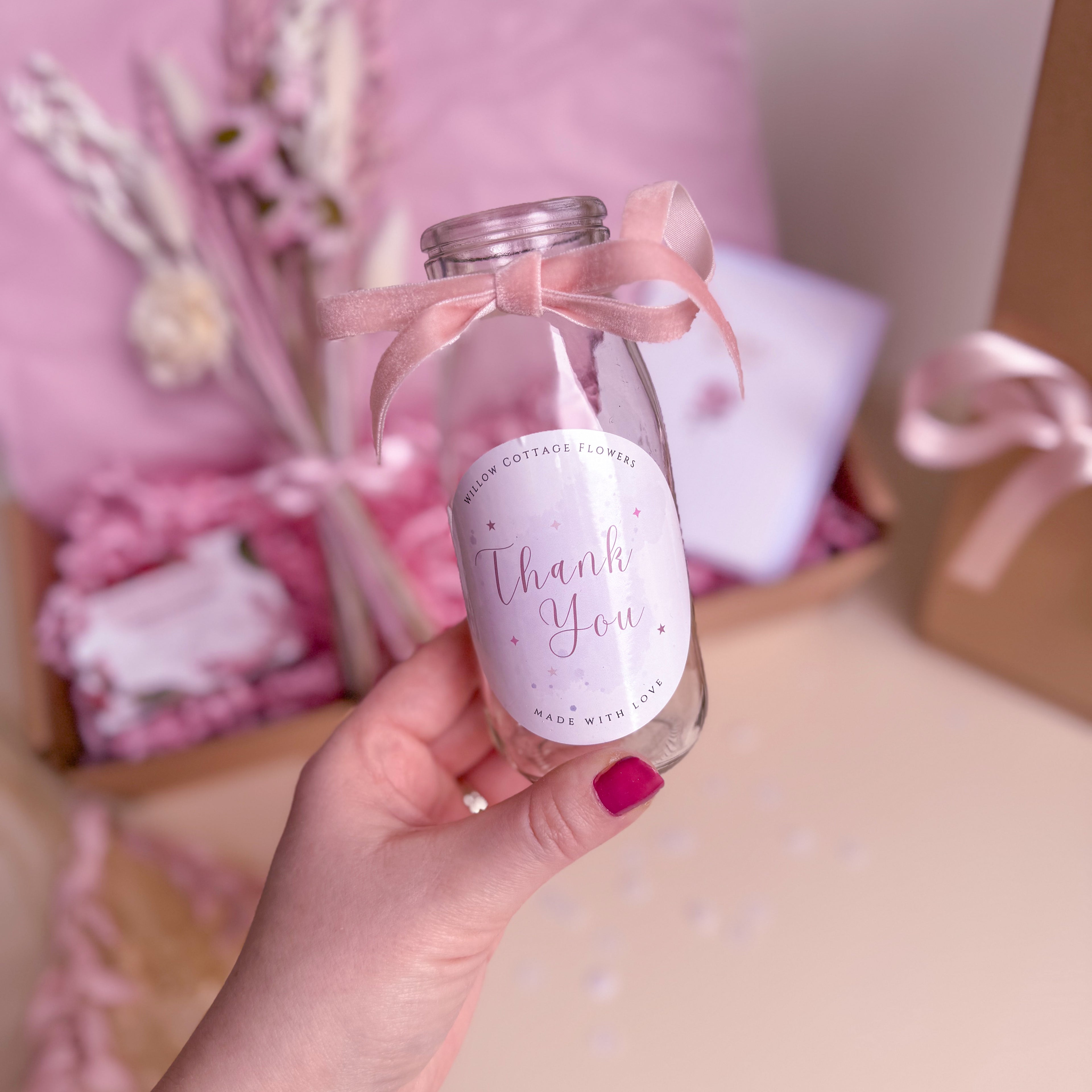 thank you glass vase with pink velvet ribbon