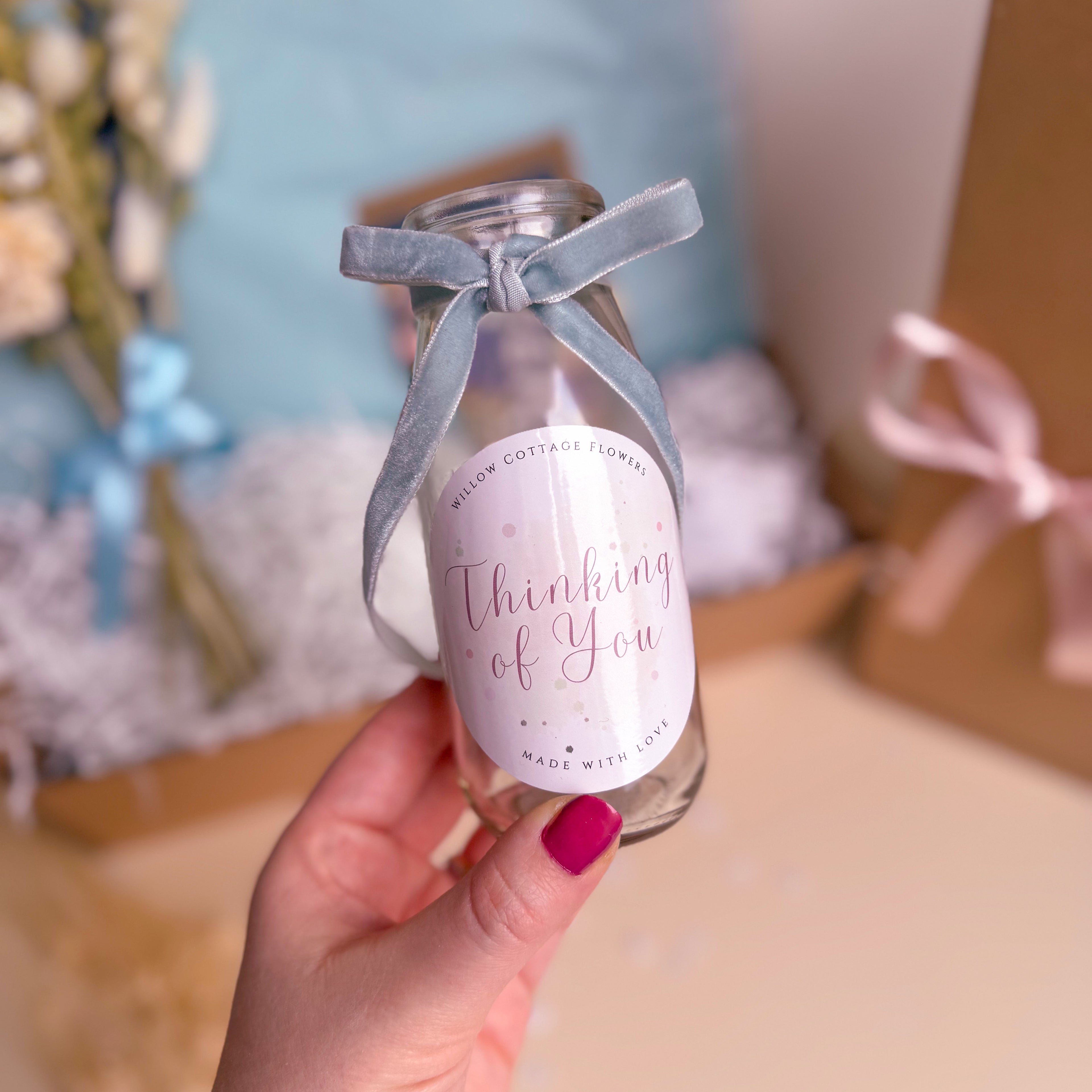 thinking of you glass vase with blue velvet ribbon