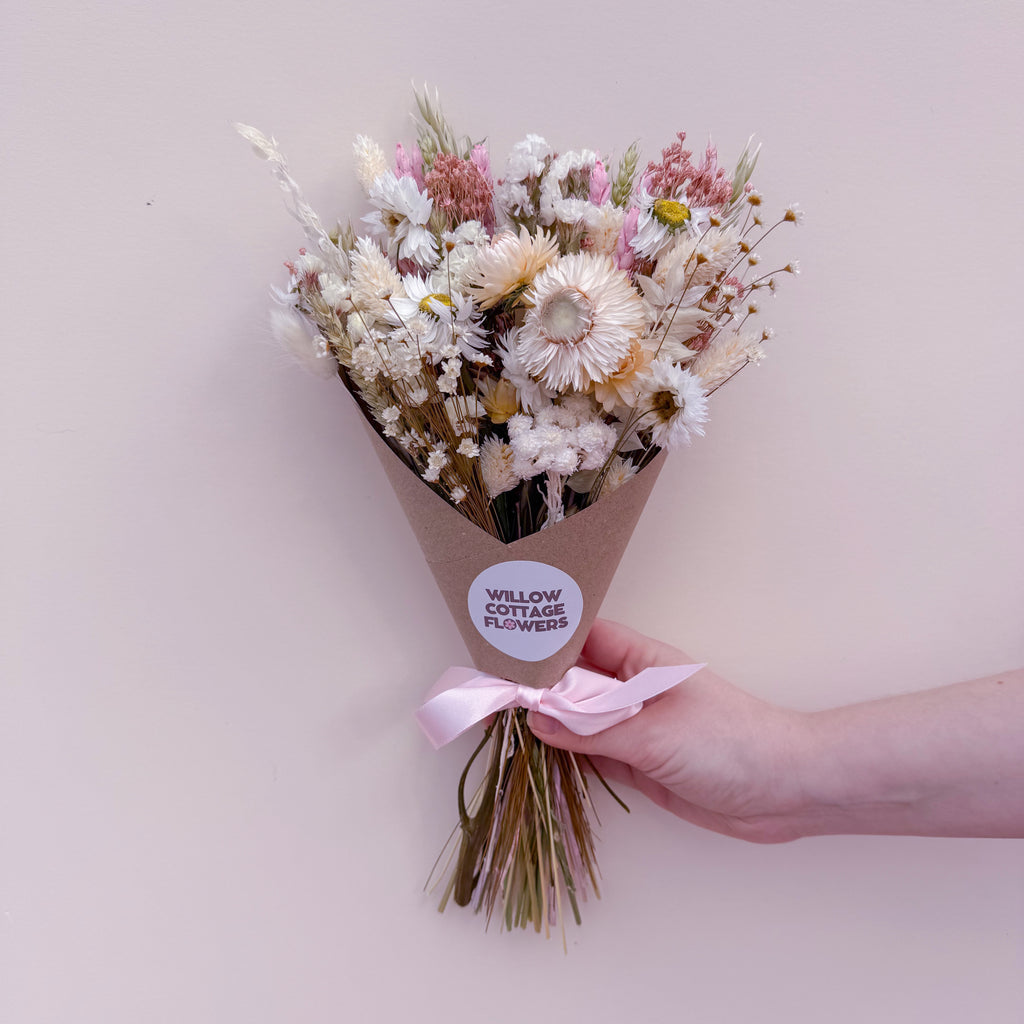 boho wedding flowers with strawflowers in pink, white and green