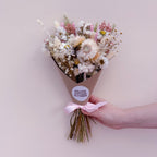 boho wedding flowers with strawflowers in pink, white and green